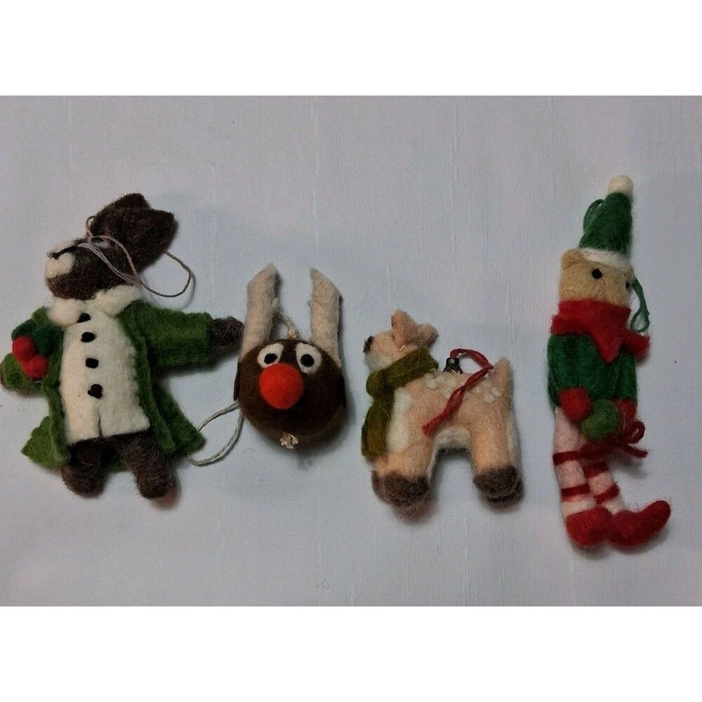 Vintage Needle Felt Handmade Christmas Ornaments Lot Of 4 Woodland Creatures